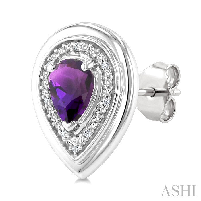 7X5 MM Pear Cut Amethyst and 1/20 Ctw Round Cut Diamond Semi-Precious Bold Earrings in Sterling Silver