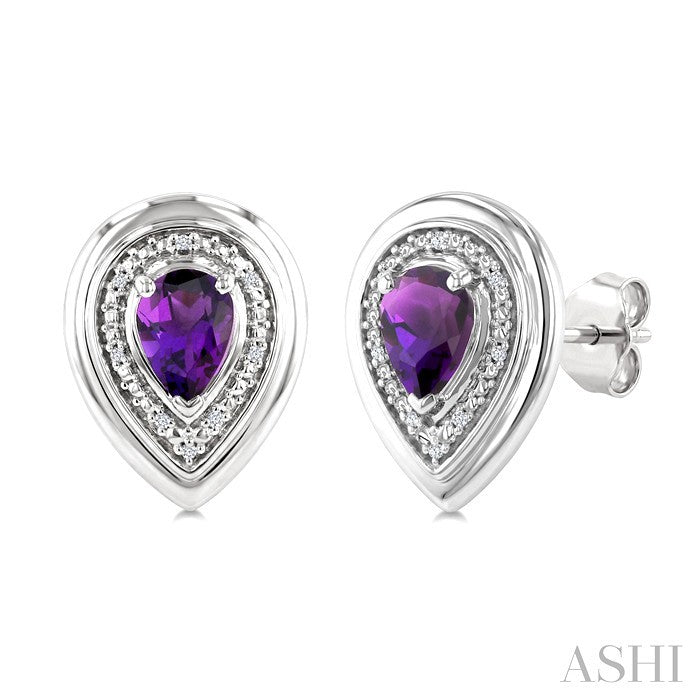 7X5 MM Pear Cut Amethyst and 1/20 Ctw Round Cut Diamond Semi-Precious Bold Earrings in Sterling Silver