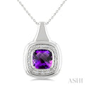 8 MM Cushion Shape Amethyst and 1/20 Ctw Round Cut Diamond Bold Semi-Precious Pendant With Chain in Sterling Silver