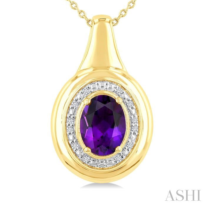 8X6 MM Oval Shape Amethyst and 1/20 Ctw Round Cut Diamond Semi-precious Pendant With Chain in Yellow Gold Vermeil