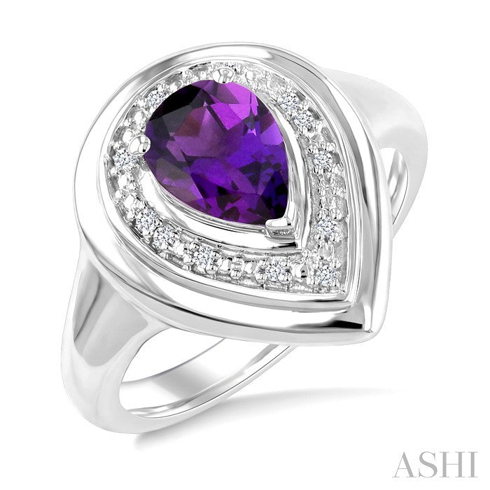 8X5 MM Pear Cut Amethyst and 1/20 Ctw Round Cut Diamond Semi-Precious Bold Ring in Sterling Silver