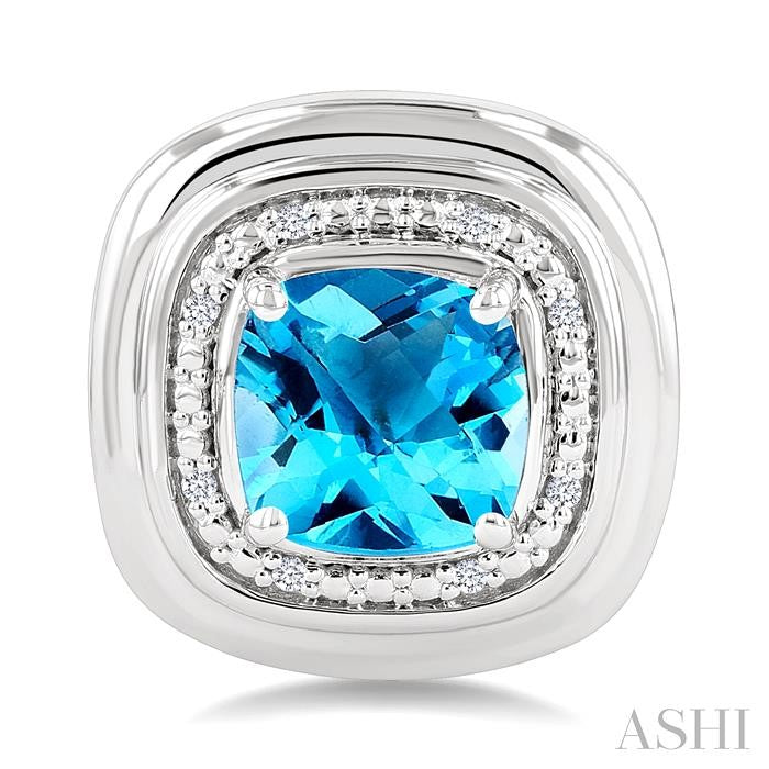6 MM Cushion Shape Blue Topaz and 1/20 Ctw Round Cut Diamond Semi-Precious Earrings in Sterling Silver