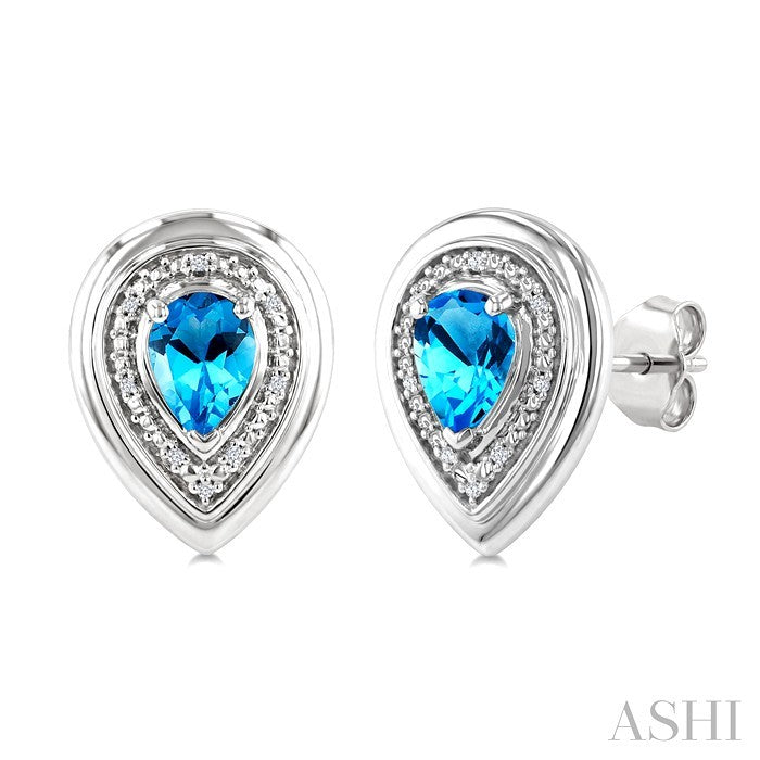7X5 MM Pear Cut Blue Topaz and 1/20 Ctw Round Cut Diamond Semi-Precious Bold Earrings in Sterling Silver
