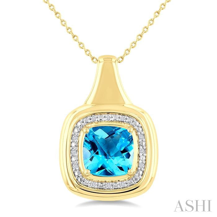 8 MM Cushion Shape Blue Topaz and 1/20 Ctw Round Cut Diamond Semi-Precious Pendant With Chain in Yellow Gold Vermeil