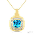 8 MM Cushion Shape Blue Topaz and 1/20 Ctw Round Cut Diamond Semi-Precious Pendant With Chain in Yellow Gold Vermeil