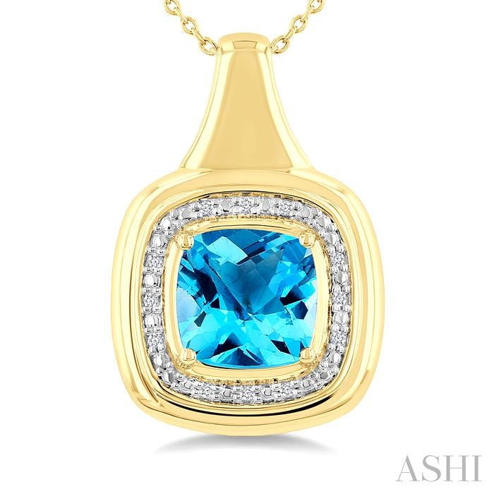 8 MM Cushion Shape Blue Topaz and 1/20 Ctw Round Cut Diamond Semi-Precious Pendant With Chain in Yellow Gold Vermeil