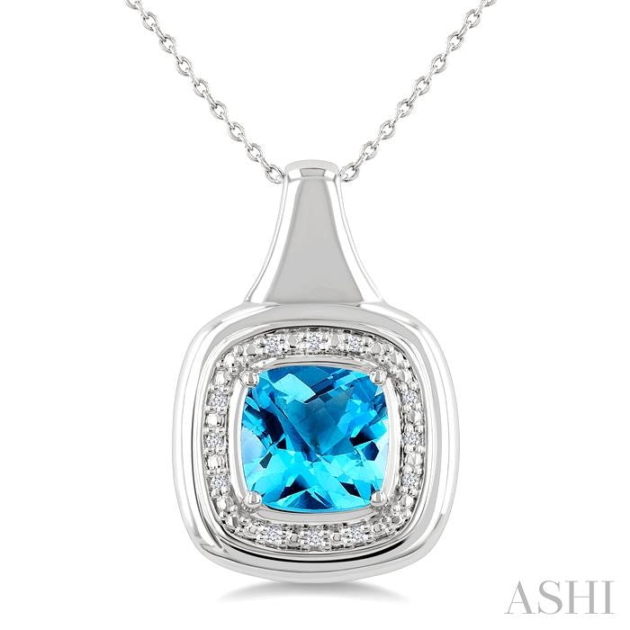 8 MM Cushion Shape Blue Topaz and 1/20 Ctw Round Cut Diamond Semi-Precious Pendant With Chain in Sterling Silver