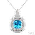 8 MM Cushion Shape Blue Topaz and 1/20 Ctw Round Cut Diamond Semi-Precious Pendant With Chain in Sterling Silver