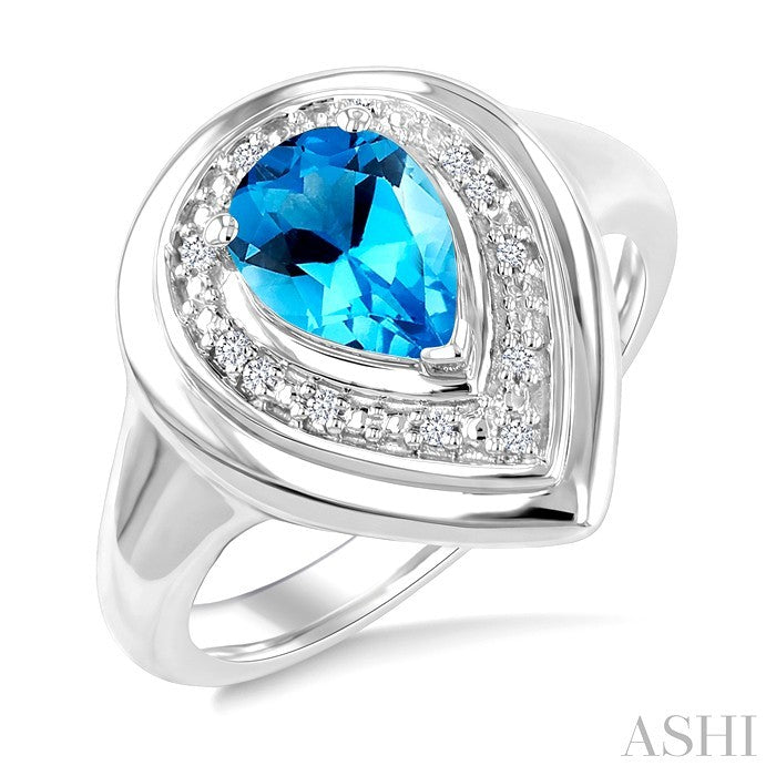 8X5 MM Pear Cut Blue Topaz and 1/20 Ctw Round Cut Diamond Semi-Precious Bold Ring in Sterling Silver