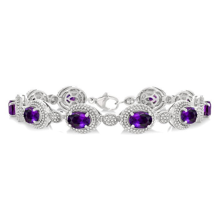 7X5 MM Oval Shape Amethyst and 1/10 Ctw Round Cut Diamond Semi-Precious Bracelet in Sterling Silver