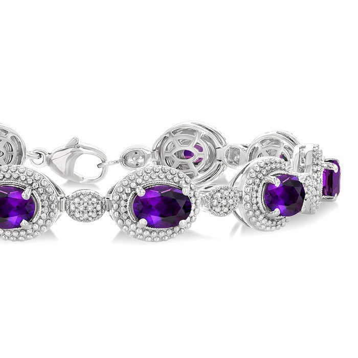 7X5 MM Oval Shape Amethyst and 1/10 Ctw Round Cut Diamond Semi-Precious Bracelet in Sterling Silver
