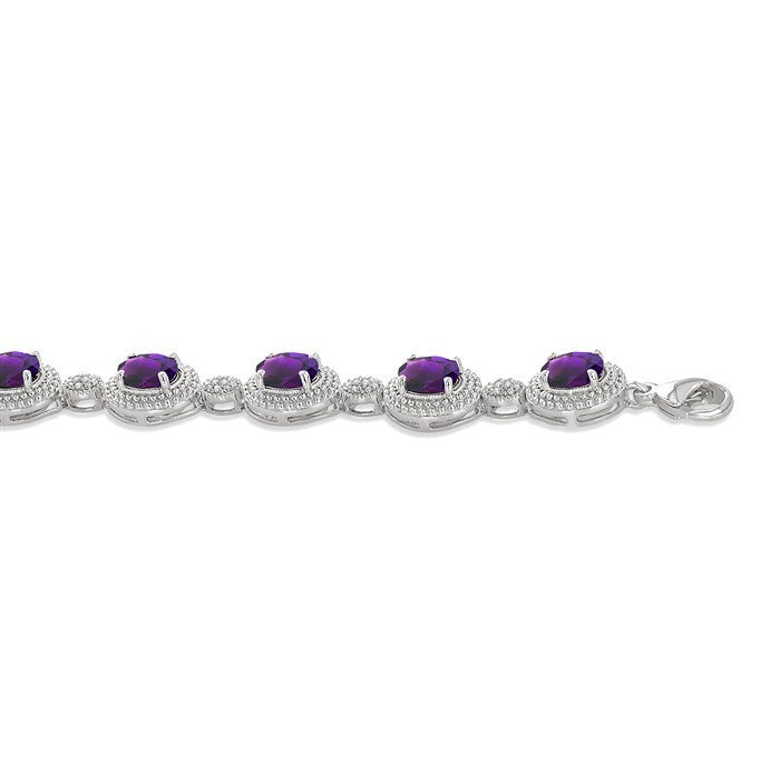 7X5 MM Oval Shape Amethyst and 1/10 Ctw Round Cut Diamond Semi-Precious Bracelet in Sterling Silver