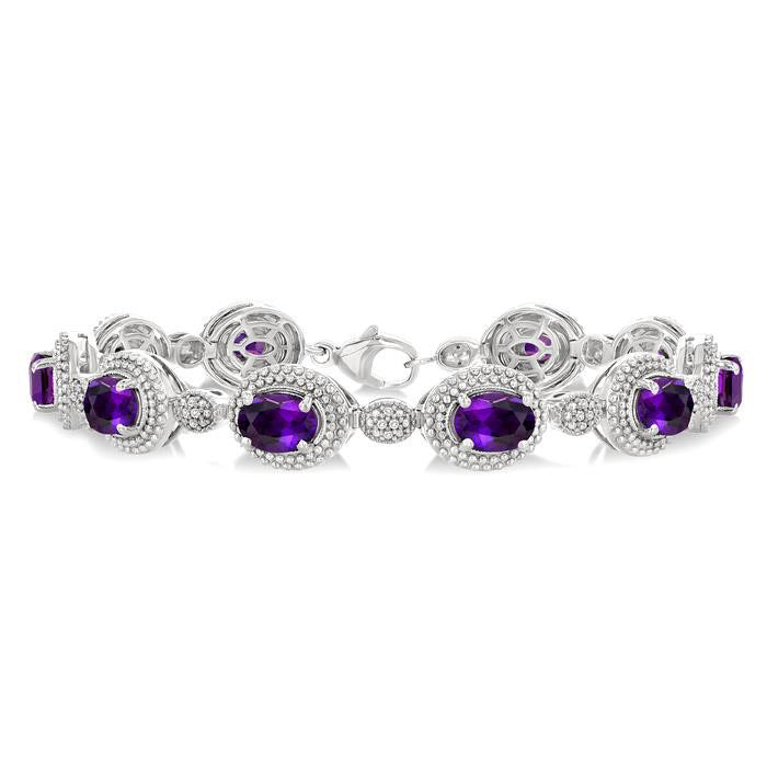 Stephanie Silver Oval Shape Amethyst Gemstone & 1/10CTW Diamond Bracelet