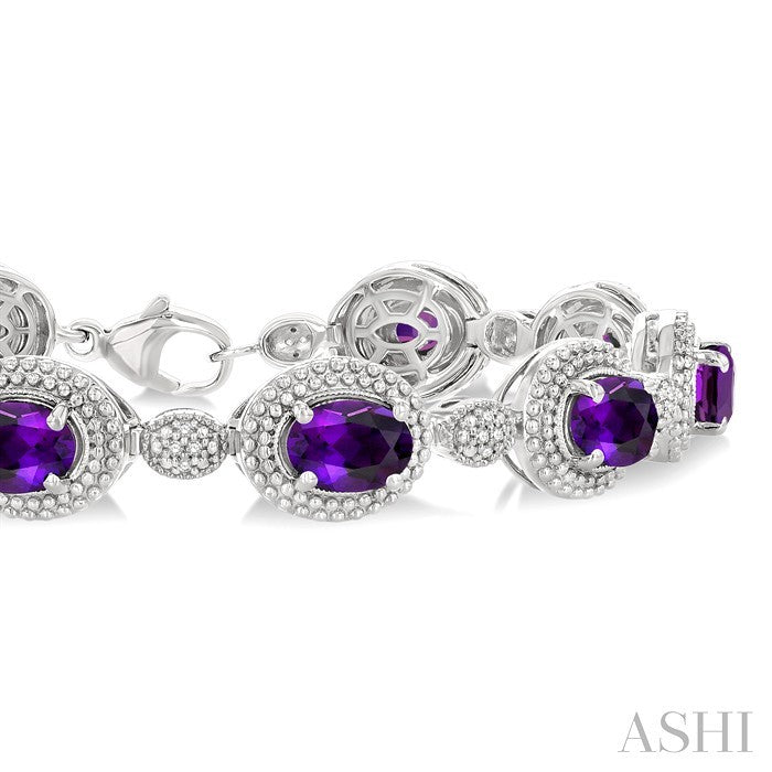 7X5 MM Oval Shape Amethyst and 1/10 Ctw Round Cut Diamond Semi-Precious Bracelet in Sterling Silver