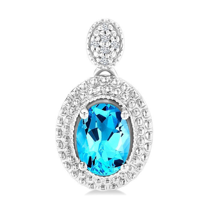 7X5 MM Oval Cut Blue Topaz and 1/20 Ctw Round Cut Diamond Semi-Precious Earrings in Sterling Silver