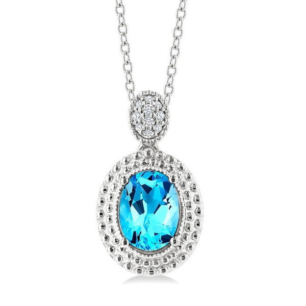 8X6 MM Oval Cut Blue Topaz and 1/20 Ctw Round Cut Diamond Semi-Precious Pendant With Chain in Sterling Silver