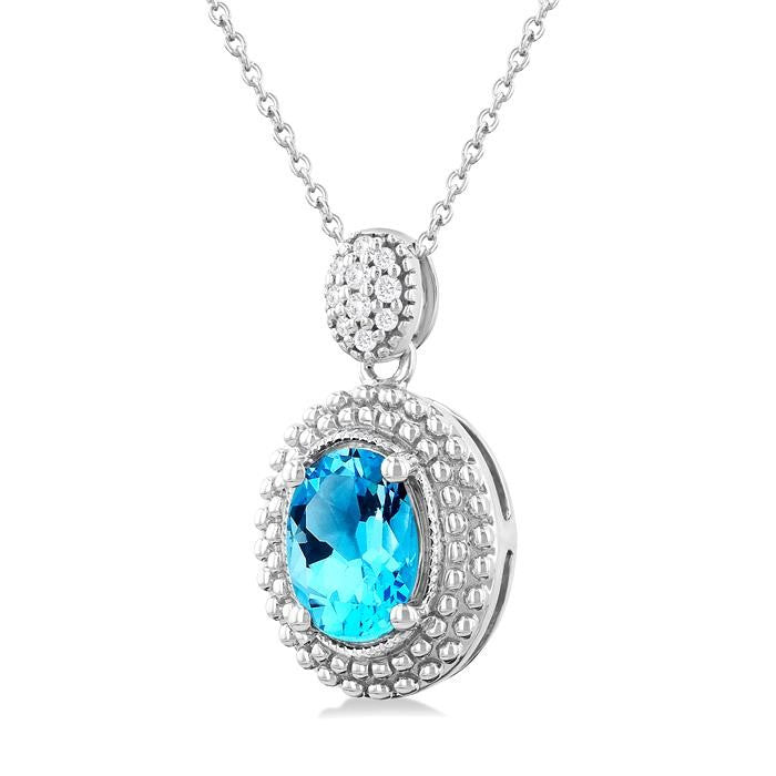 8X6 MM Oval Cut Blue Topaz and 1/20 Ctw Round Cut Diamond Semi-Precious Pendant With Chain in Sterling Silver