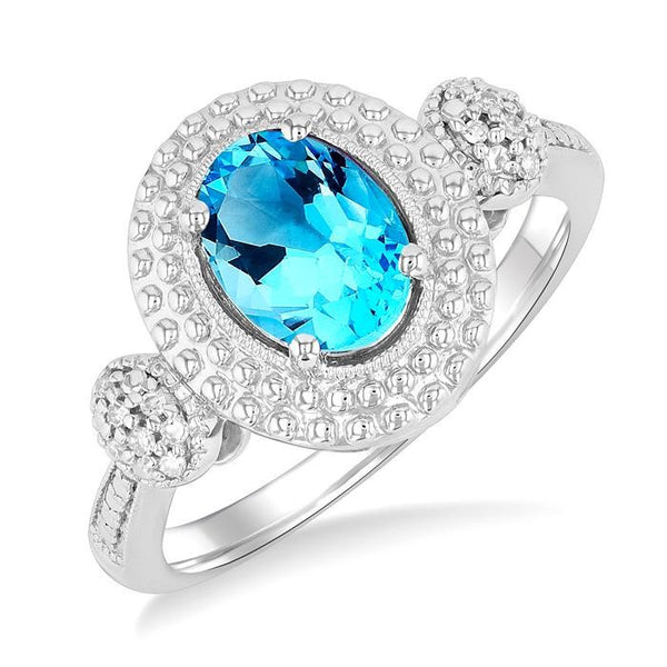 1/20 Ctw Oval Cut 8X6 MM Blue Topaz and Round Cut Diamond Semi-Precious Ring in Sterling Silver