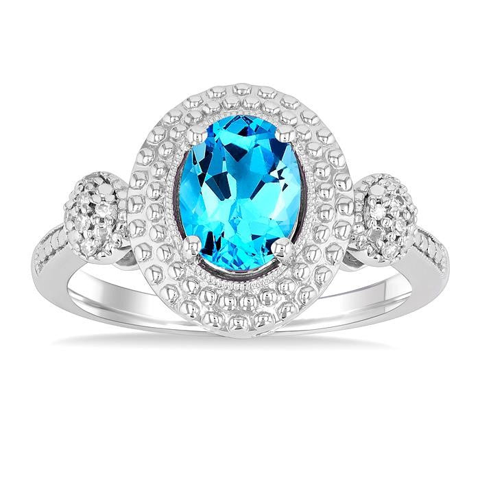 1/20 Ctw Oval Cut 8X6 MM Blue Topaz and Round Cut Diamond Semi-Precious Ring in Sterling Silver