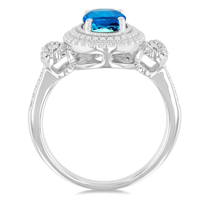 1/20 Ctw Oval Cut 8X6 MM Blue Topaz and Round Cut Diamond Semi-Precious Ring in Sterling Silver