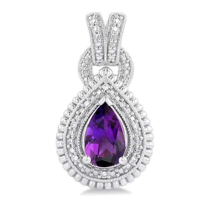 8X5 MM Pear Cut Amethyst and 1/20 Ctw Round Cut Diamond Semi-Precious Earrings in Sterling Silver