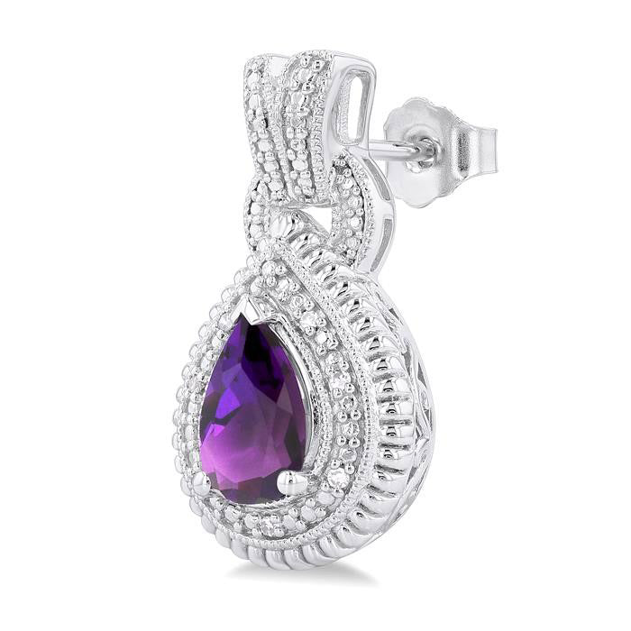 Silver Pear Shape Gemstone & Diamond Earrings