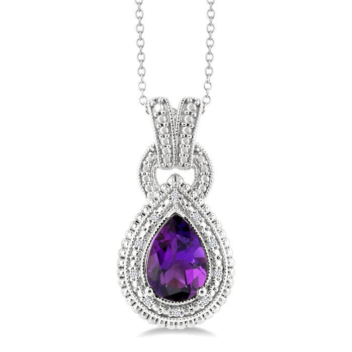 10X7 MM Pear Cut Amethyst and 1/20 Ctw Round Cut Diamond Semi-Precious Pendant With Chain in Sterling Silver