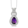 10X7 MM Pear Cut Amethyst and 1/20 Ctw Round Cut Diamond Semi-Precious Pendant With Chain in Sterling Silver