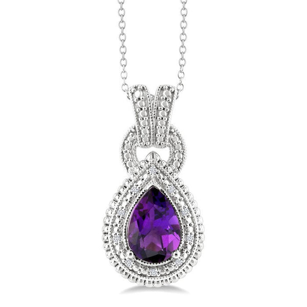10X7 MM Pear Cut Amethyst and 1/20 Ctw Round Cut Diamond Semi-Precious Pendant With Chain in Sterling Silver