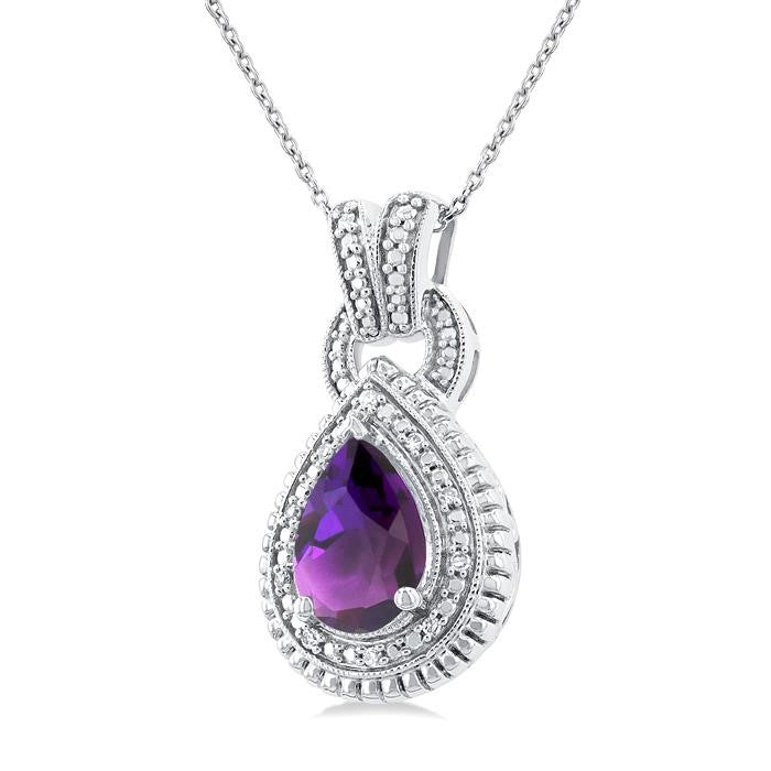 10X7 MM Pear Cut Amethyst and 1/20 Ctw Round Cut Diamond Semi-Precious Pendant With Chain in Sterling Silver