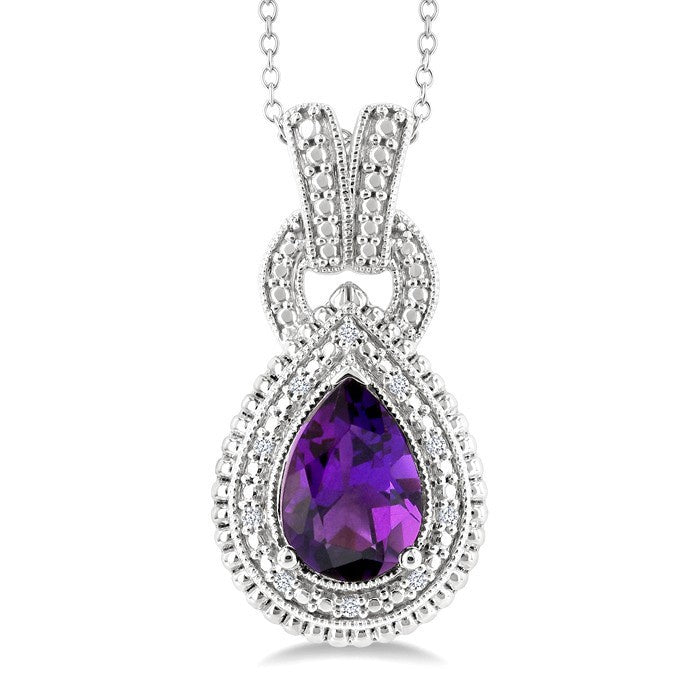 10X7 MM Pear Cut Amethyst and 1/20 Ctw Round Cut Diamond Semi-Precious Pendant With Chain in Sterling Silver