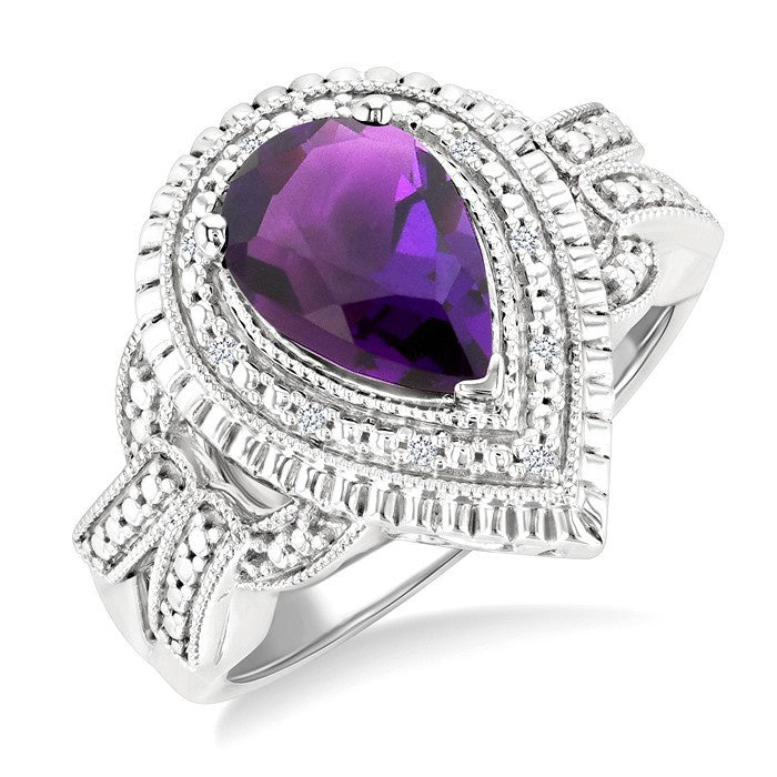 10X7 MM Pear Cut Amethyst and 1/20 Ctw Round Cut Diamond Semi-Precious Ring in Sterling Silver