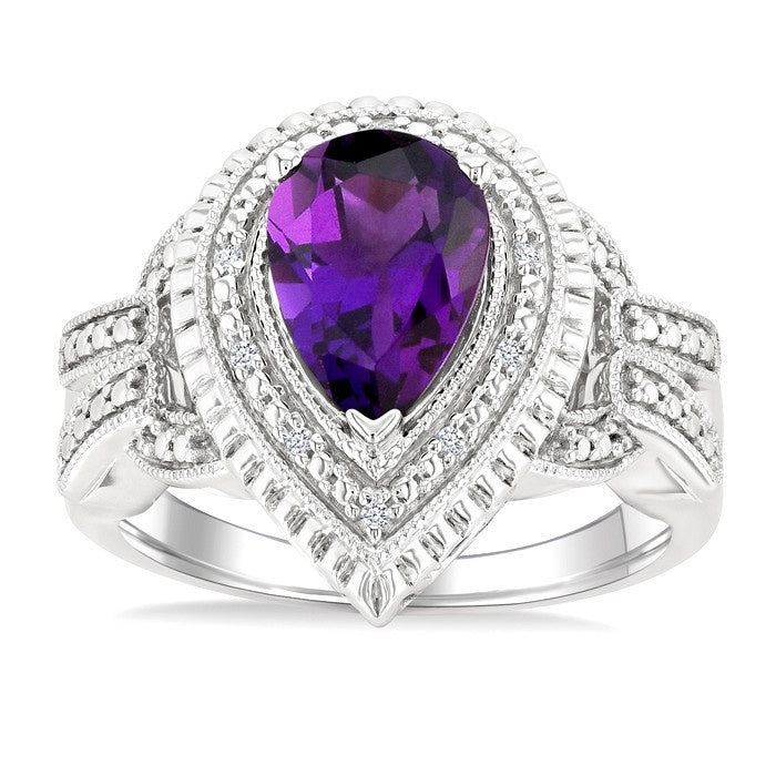 10X7 MM Pear Cut Amethyst and 1/20 Ctw Round Cut Diamond Semi-Precious Ring in Sterling Silver