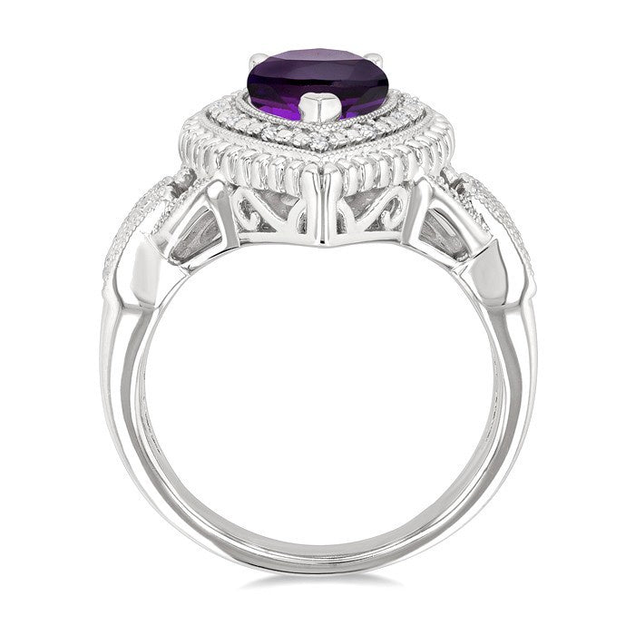 10X7 MM Pear Cut Amethyst and 1/20 Ctw Round Cut Diamond Semi-Precious Ring in Sterling Silver