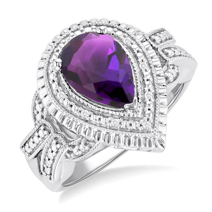 Silver Pear Shape Gemstone & Diamond Ring
