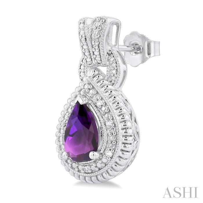 8X5 MM Pear Cut Amethyst and 1/20 Ctw Round Cut Diamond Semi-Precious Earrings in Sterling Silver