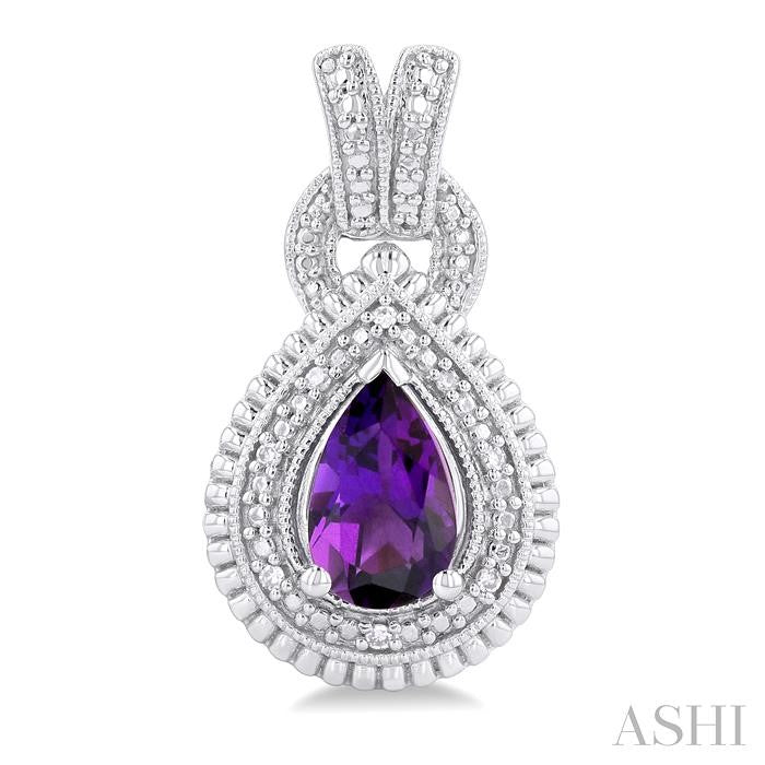 8X5 MM Pear Cut Amethyst and 1/20 Ctw Round Cut Diamond Semi-Precious Earrings in Sterling Silver