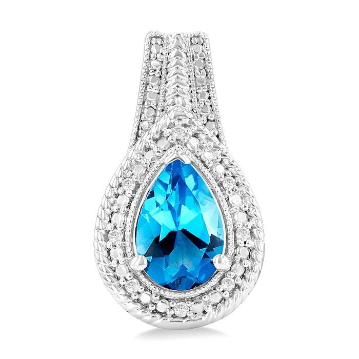 8X5 MM Pear Shape Blue Topaz and 1/20 Ctw Round Cut Diamond Semi-Precious Earrings in Sterling Silver