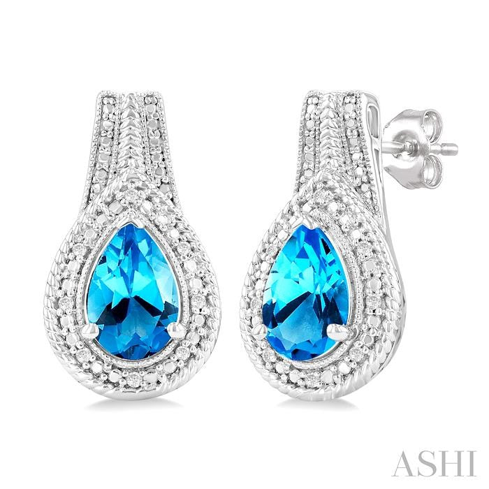 8X5 MM Pear Shape Blue Topaz and 1/20 Ctw Round Cut Diamond Semi-Precious Earrings in Sterling Silver