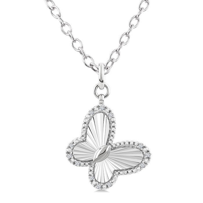 1/10 Ctw Butterfly Fluted Medallion Round Cut Diamond Pirouette Pendant With Chain in Sterling Silver