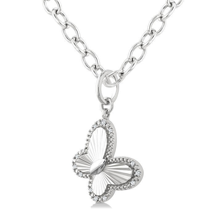 1/10 Ctw Butterfly Fluted Medallion Round Cut Diamond Pirouette Pendant With Chain in Sterling Silver