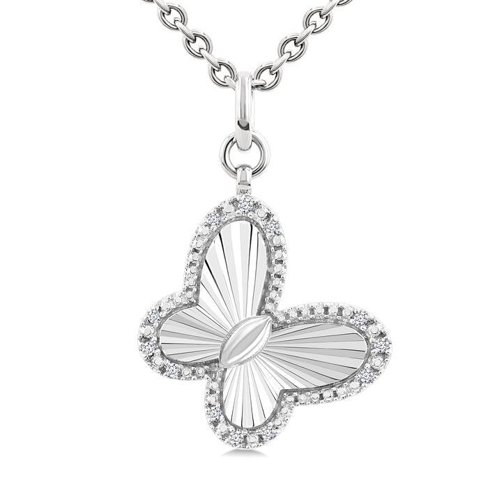 Silver Butterfly Fluted Medallion Diamond Pendant
