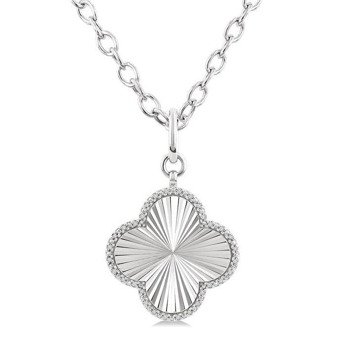 1/10 Ctw Clover Fluted Medallion Round Cut Diamond Pirouette Pendant With Chain in Sterling Silver