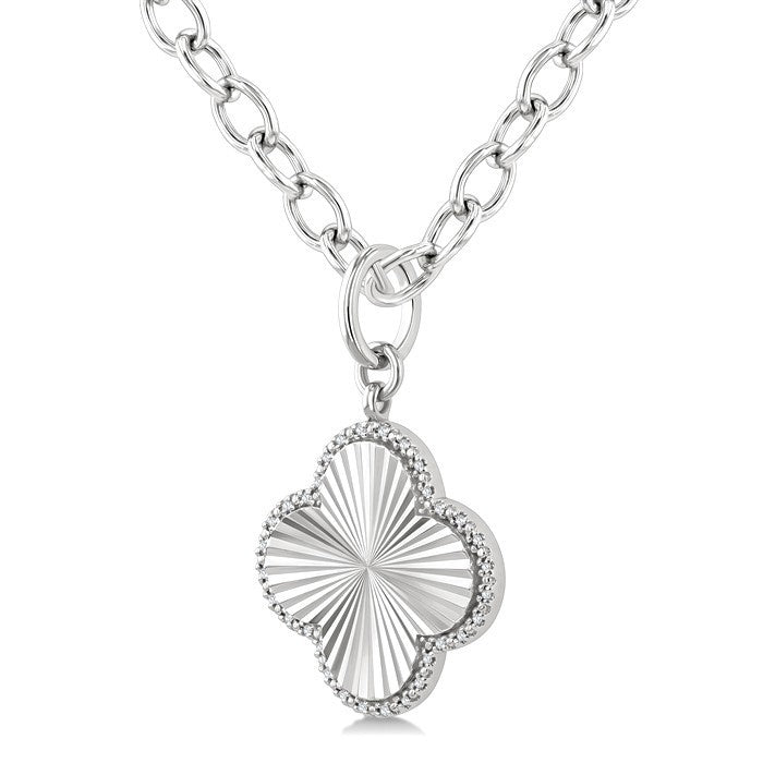 1/10 Ctw Clover Fluted Medallion Round Cut Diamond Pirouette Pendant With Chain in Sterling Silver