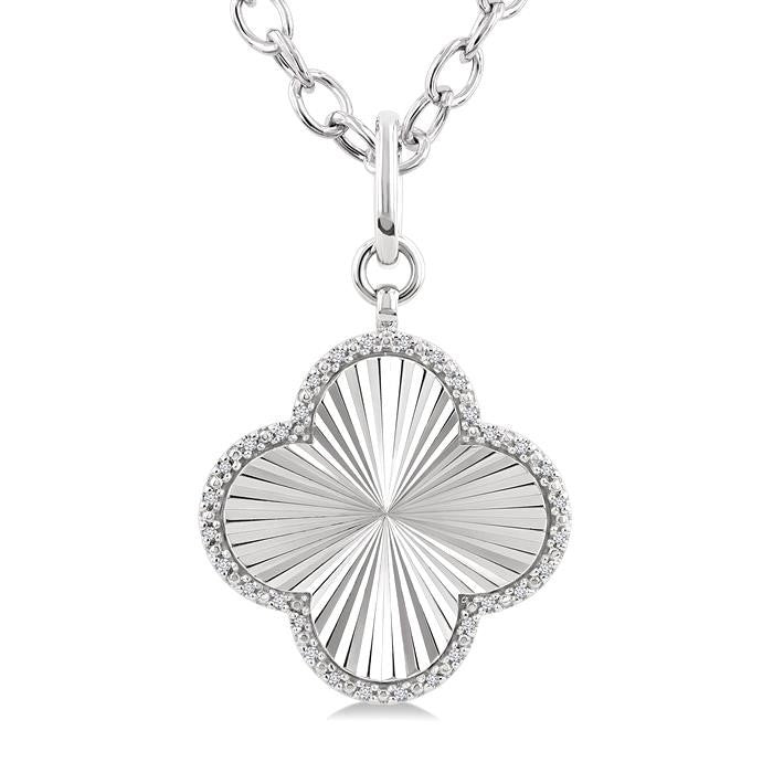1/10 Ctw Clover Fluted Medallion Round Cut Diamond Pirouette Pendant With Chain in Sterling Silver