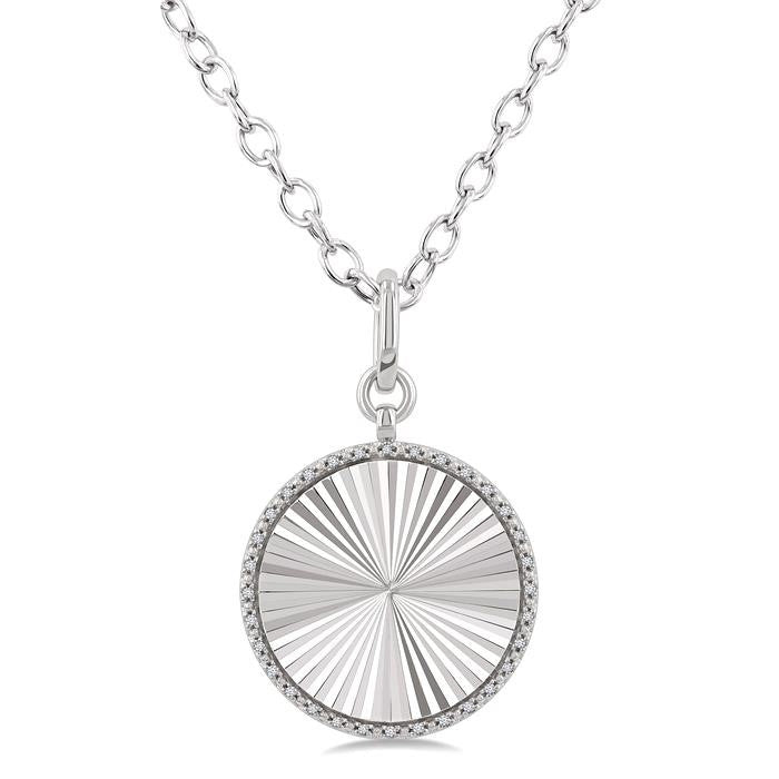 1/10 Ctw Round Fluted Medallion Round Cut Diamond Pirouette Pendant With Chain in Sterling Silver