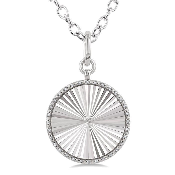 1/10 Ctw Round Fluted Medallion Round Cut Diamond Pirouette Pendant With Chain in Sterling Silver