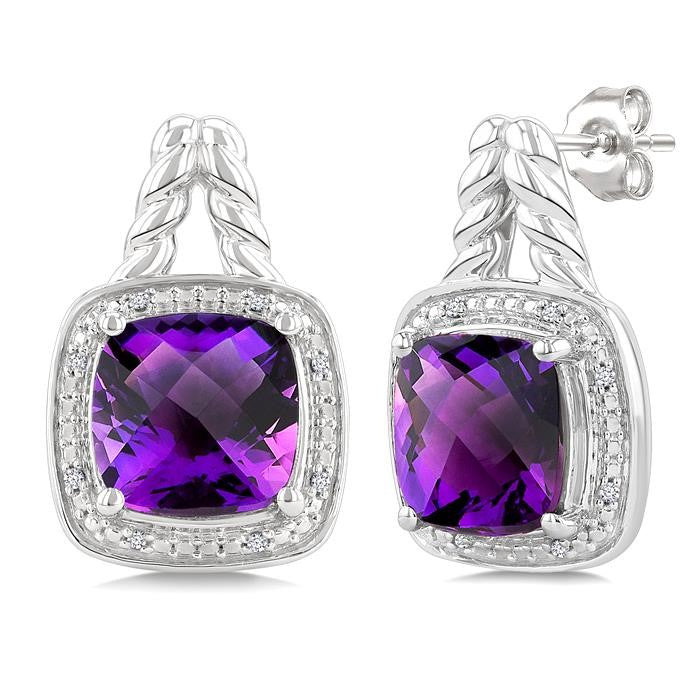 8 MM Cushion Shape Amethyst and 1/20 Ctw Round Cut Diamond Semi-Precious Earrings in Sterling Silver