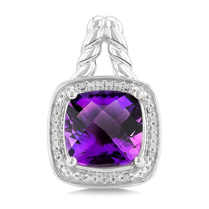 8 MM Cushion Shape Amethyst and 1/20 Ctw Round Cut Diamond Semi-Precious Earrings in Sterling Silver