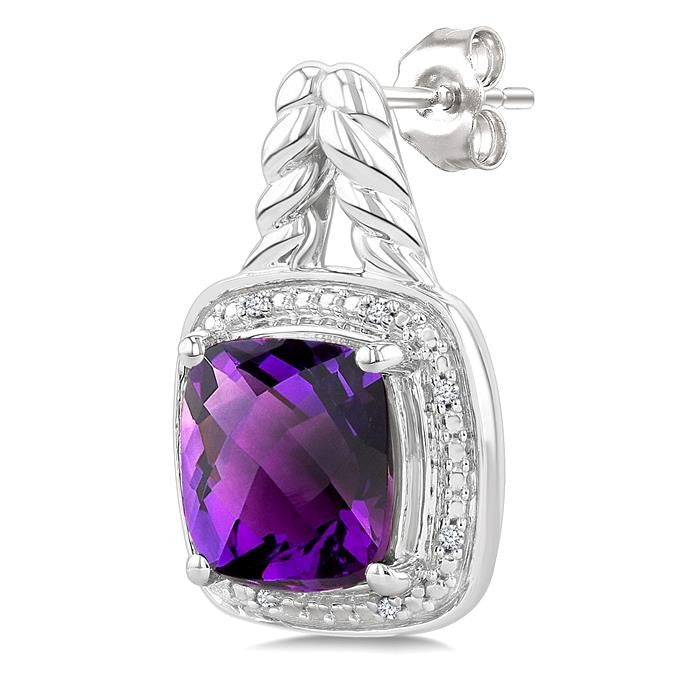 8 MM Cushion Shape Amethyst and 1/20 Ctw Round Cut Diamond Semi-Precious Earrings in Sterling Silver